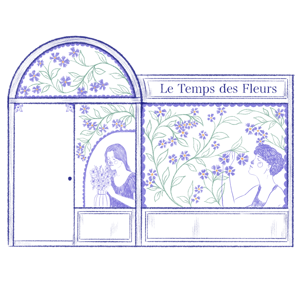 Illustration de vitrine d’un Fleuriste « le Temps des fleurs »