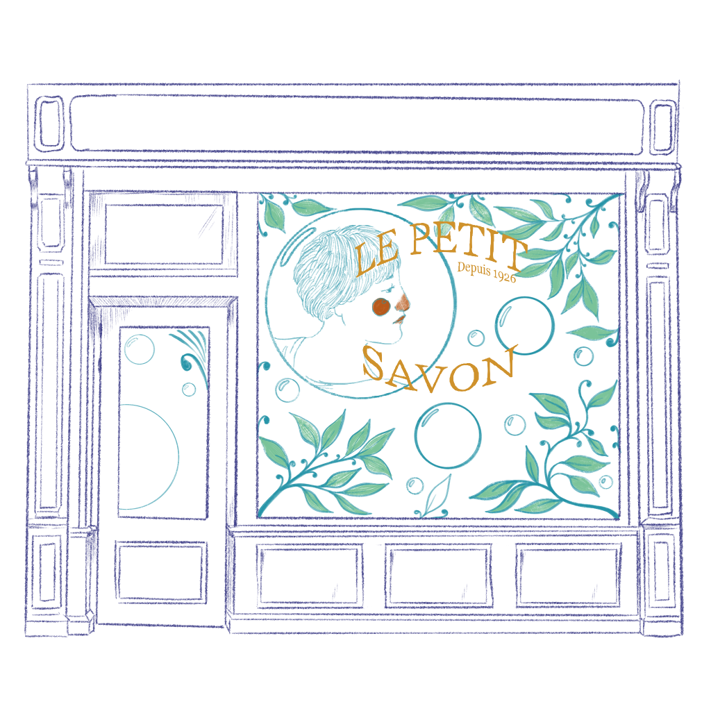 Illustration d’une vitrine de boutique de Savon, le petit savon